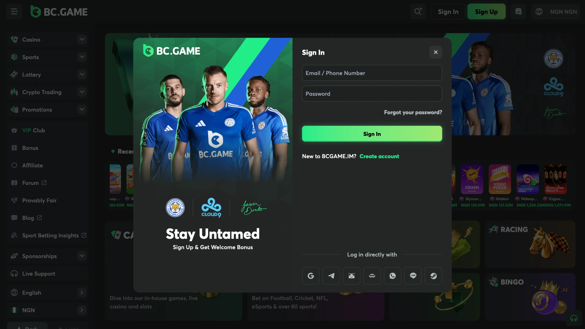 Manage your BC Game account via the desktop version by logging in or signing up.