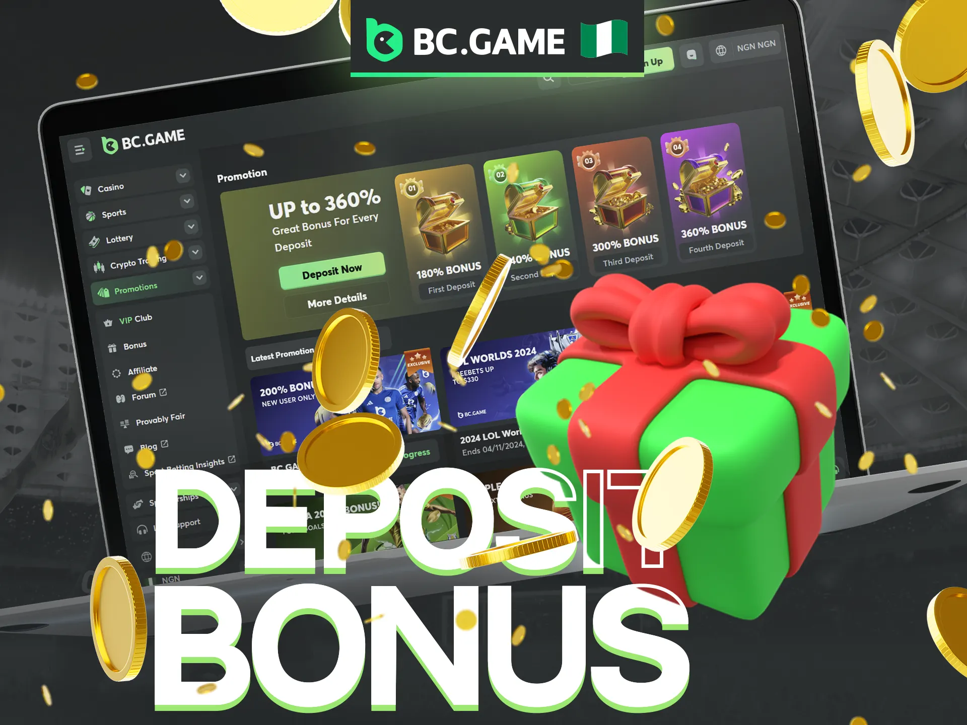 Boost your balance with an incredible 360% deposit bonus up to 164,233,000 NGN at BC Game!