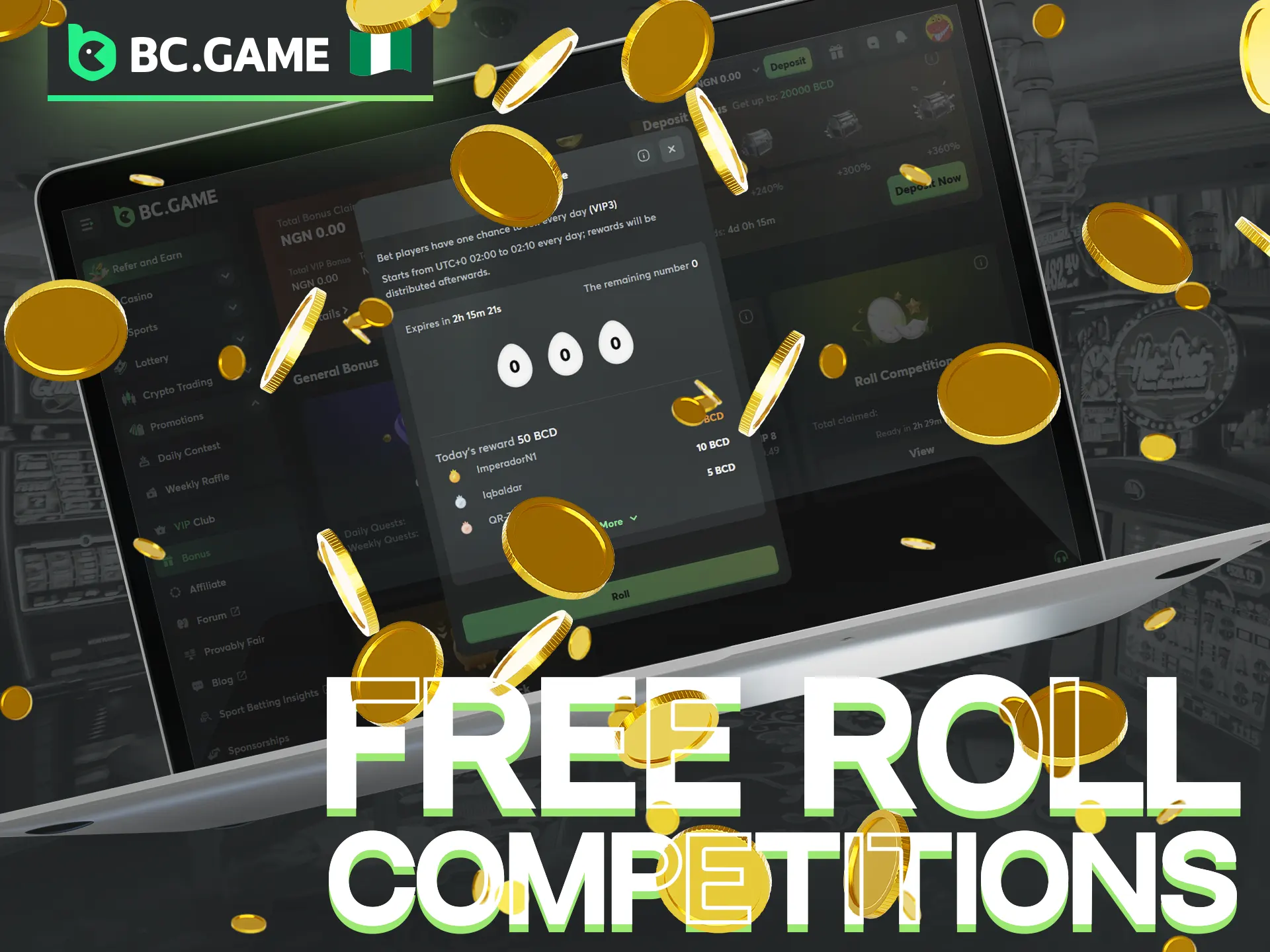 Compete and win with the BC Game Free Roll tournament bonuses.
