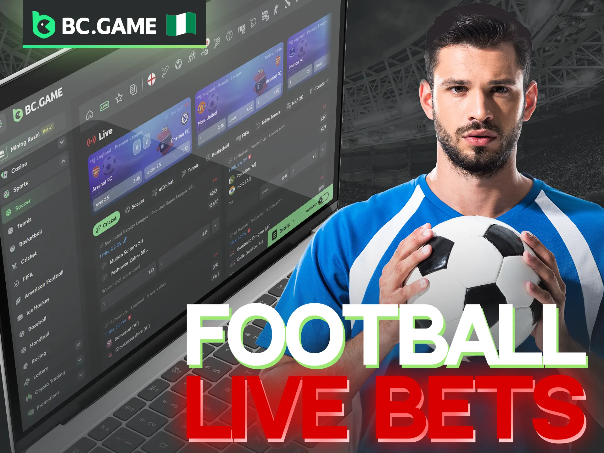 Experience the thrill of real-time football wagering with BC Game's live betting feature.