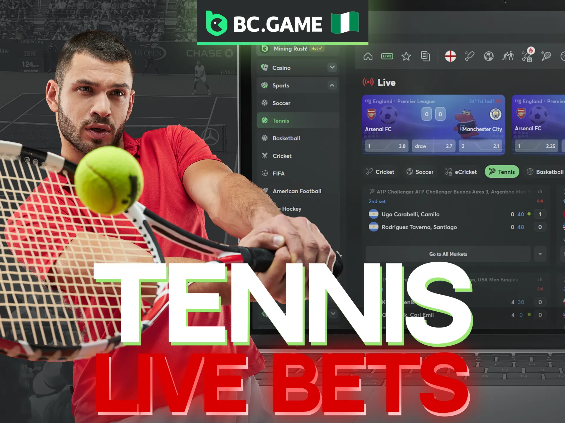 BC Game provides a comprehensive live betting experience, covering everything from major professional tournaments to amateur tennis events.