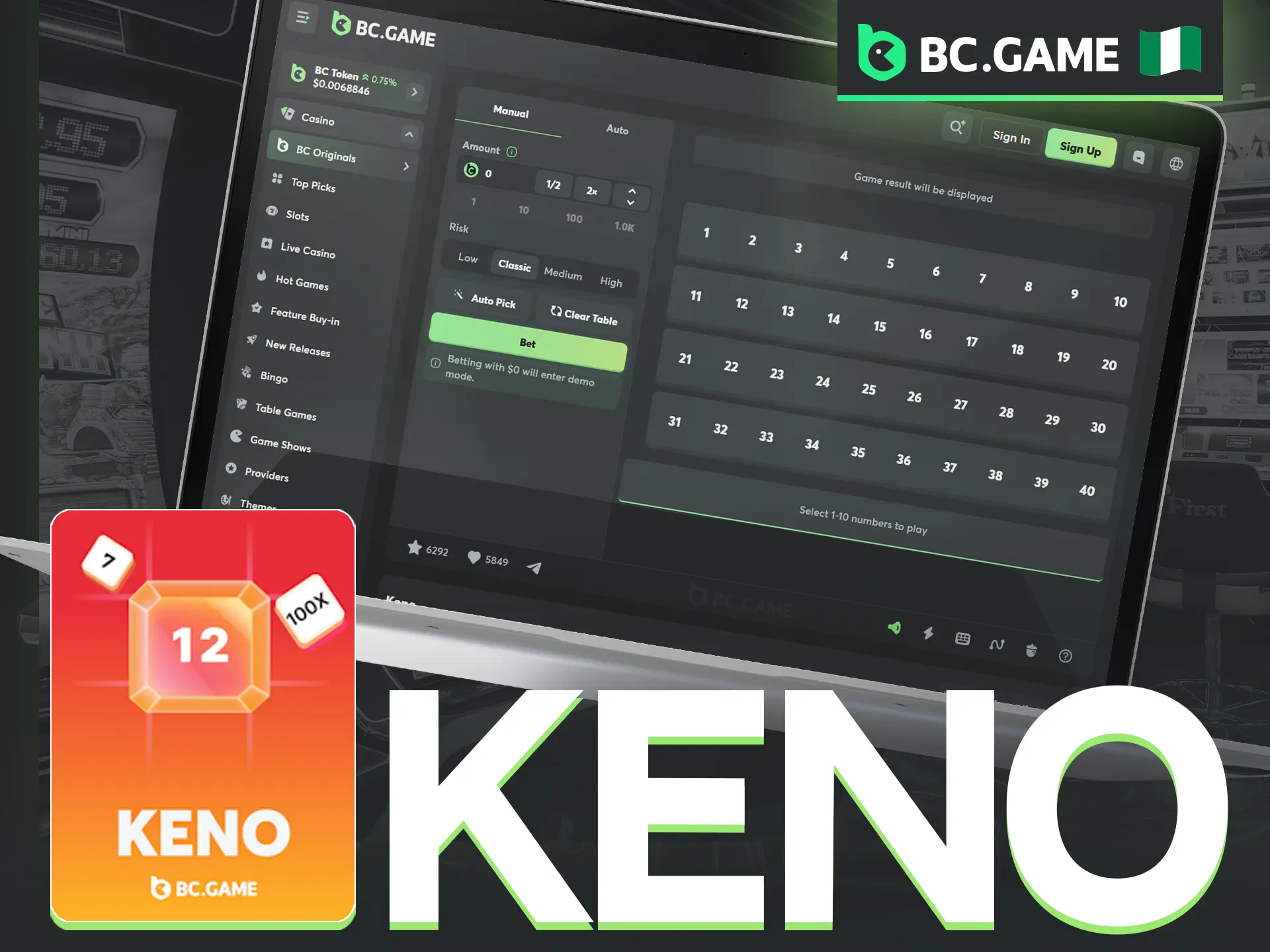 Test your intuition and pick the winning numbers in BC Game Keno.
