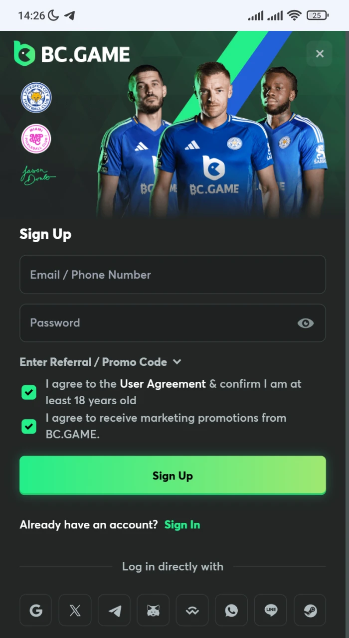Create an account in the BC Game app.