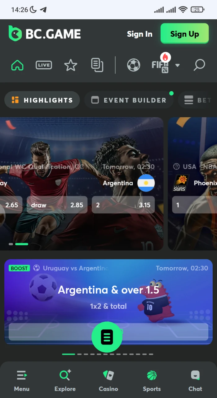 Place your sports wagers instantly via the BC Game app.