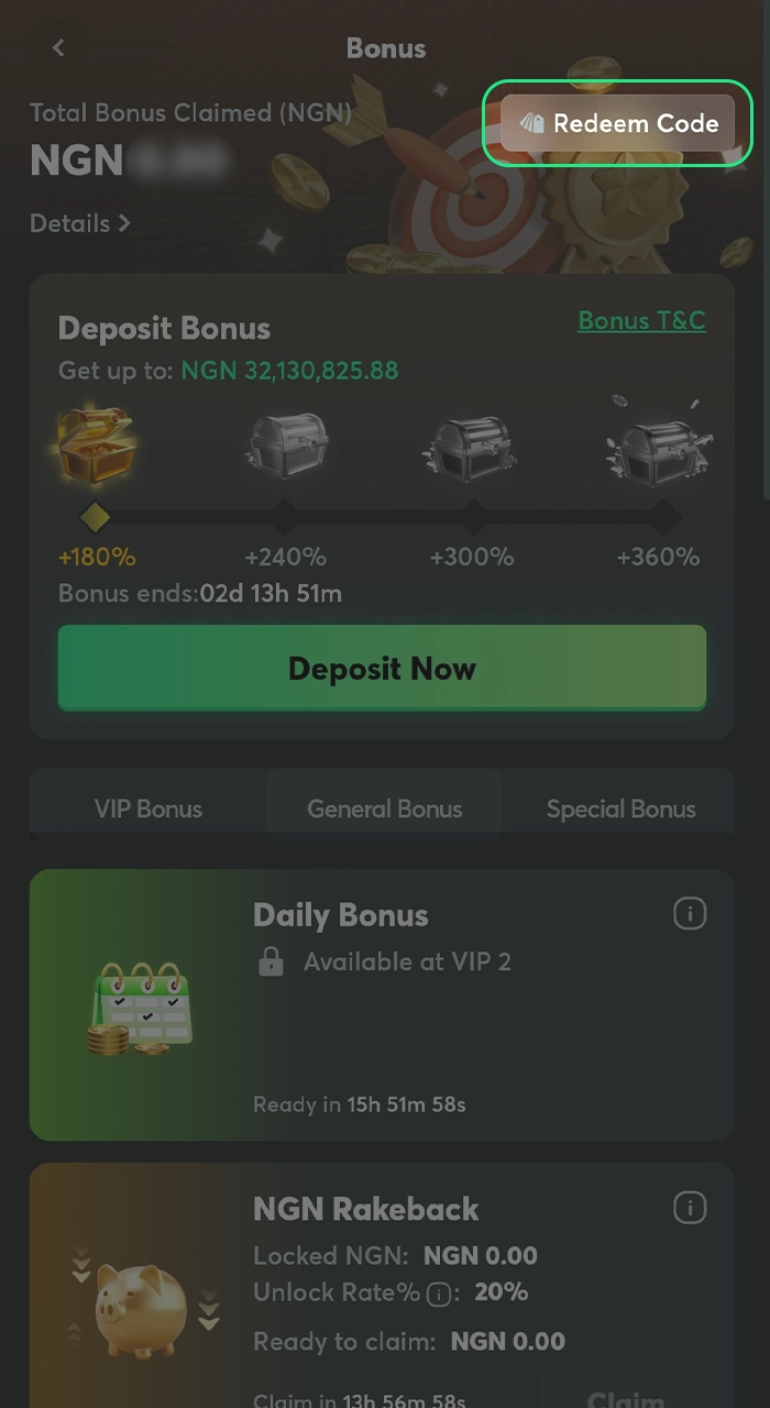 Learn exactly where the 'redeem code' button is located on the BC Game interface.