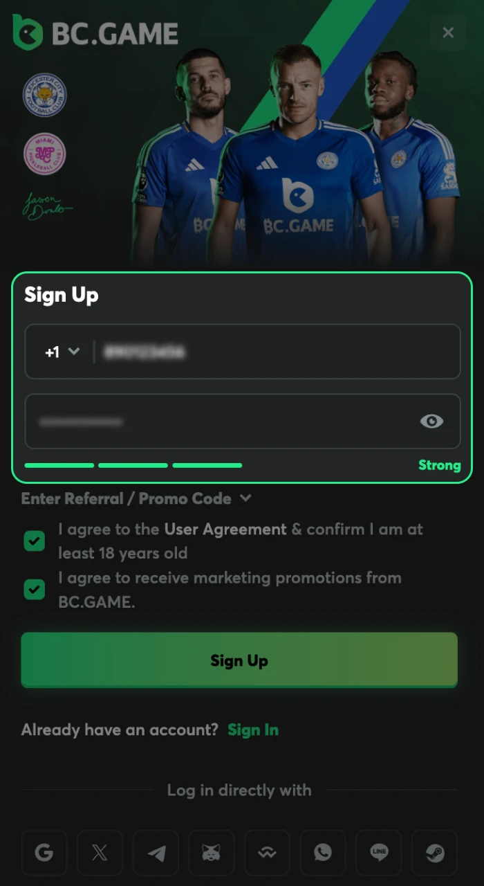 Fill in the required details in the BC Game sign-up form.