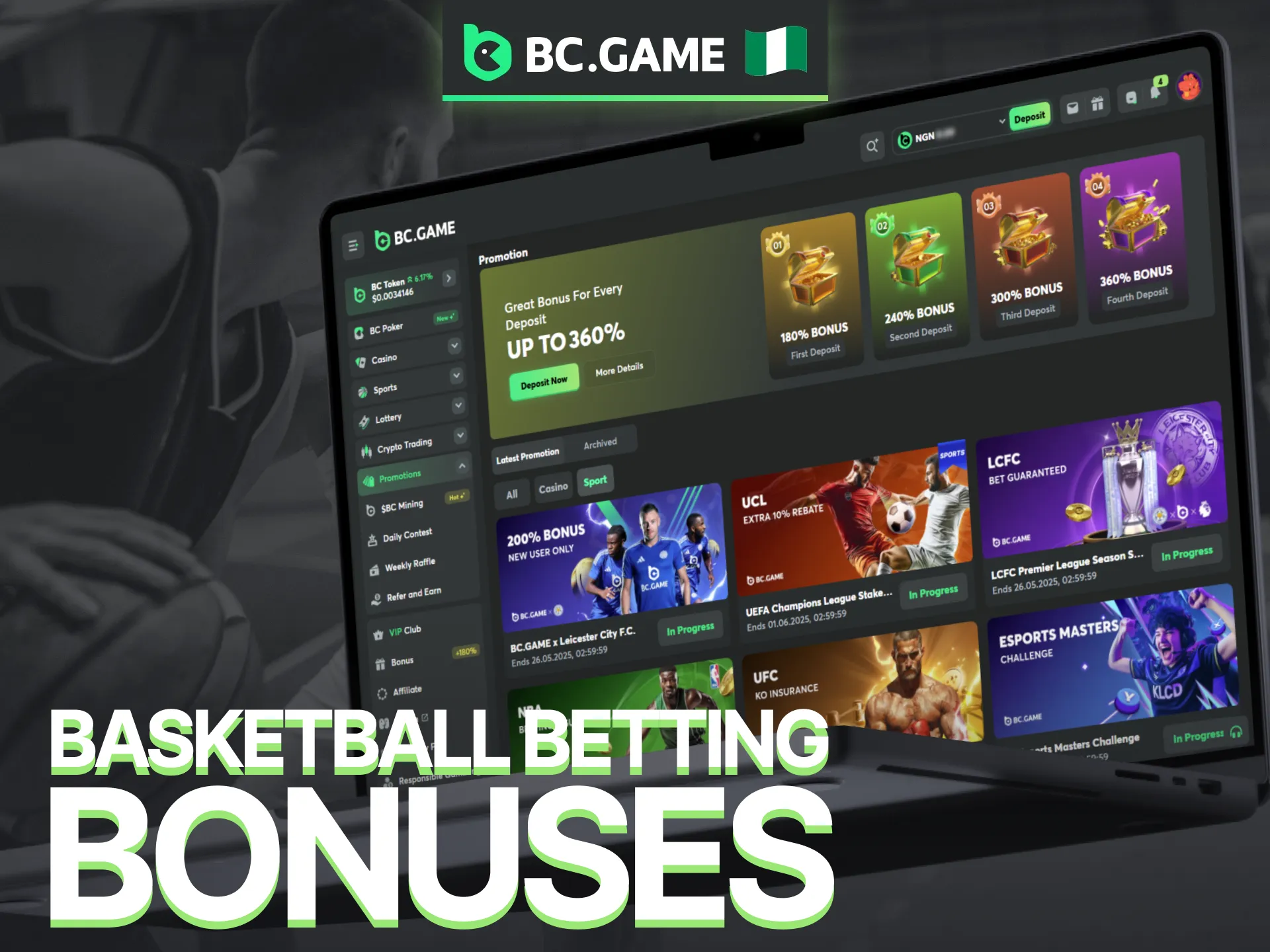 Maximize your winnings with BC Game's basketball betting bonuses in Nigeria.
