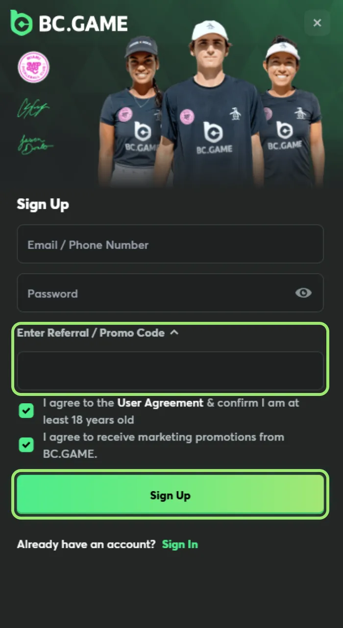 Complete the last steps of your BC Game sign-up process.