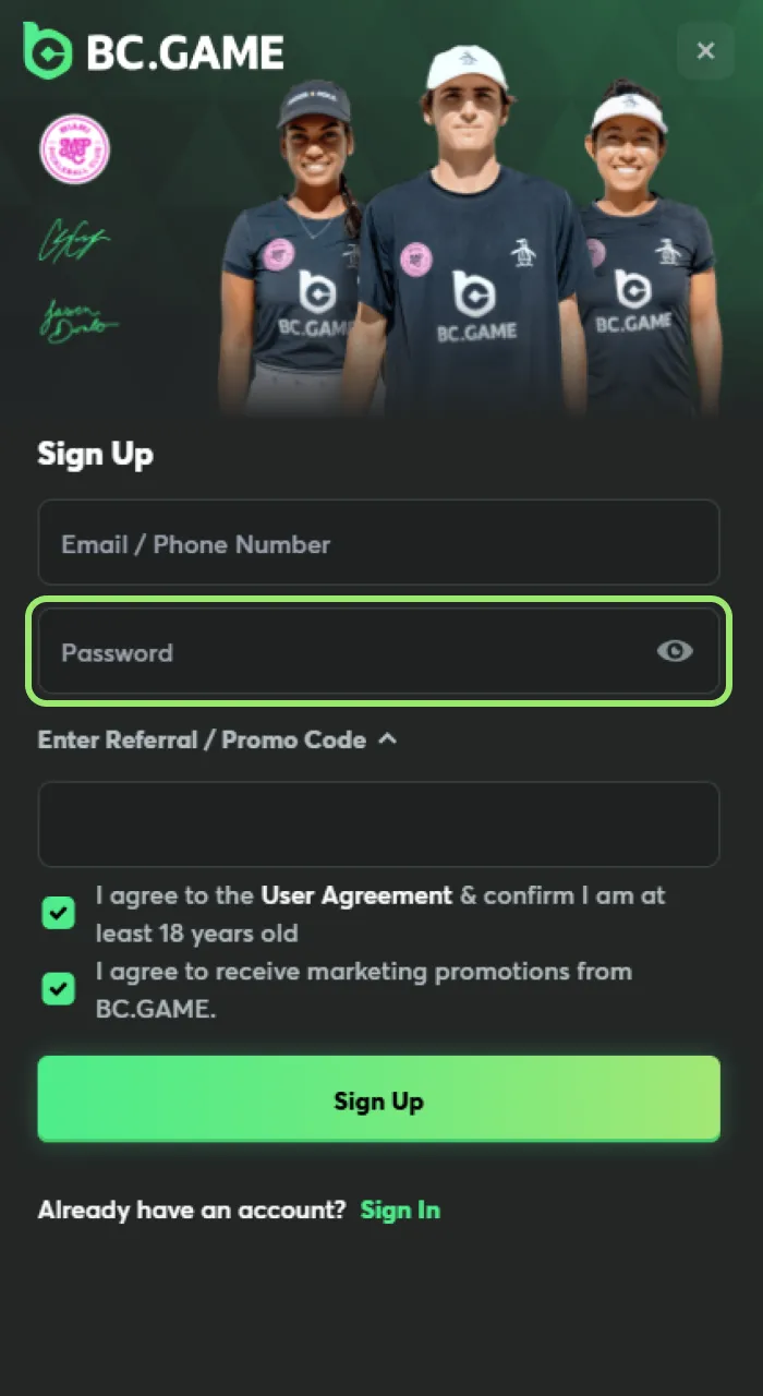 Set up a secure password for your BC Game eSports account.