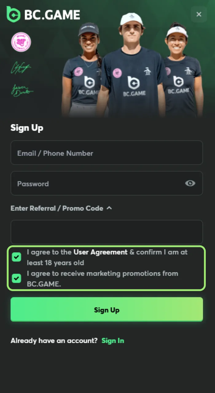 Review and accept the BC Game Terms and Conditions to proceed.