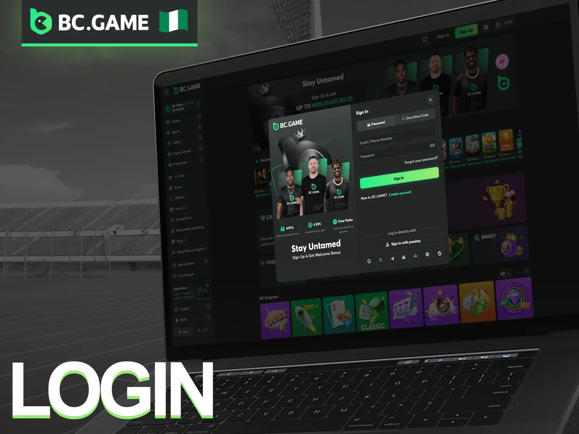 Access your BC Game account by entering your login credentials.