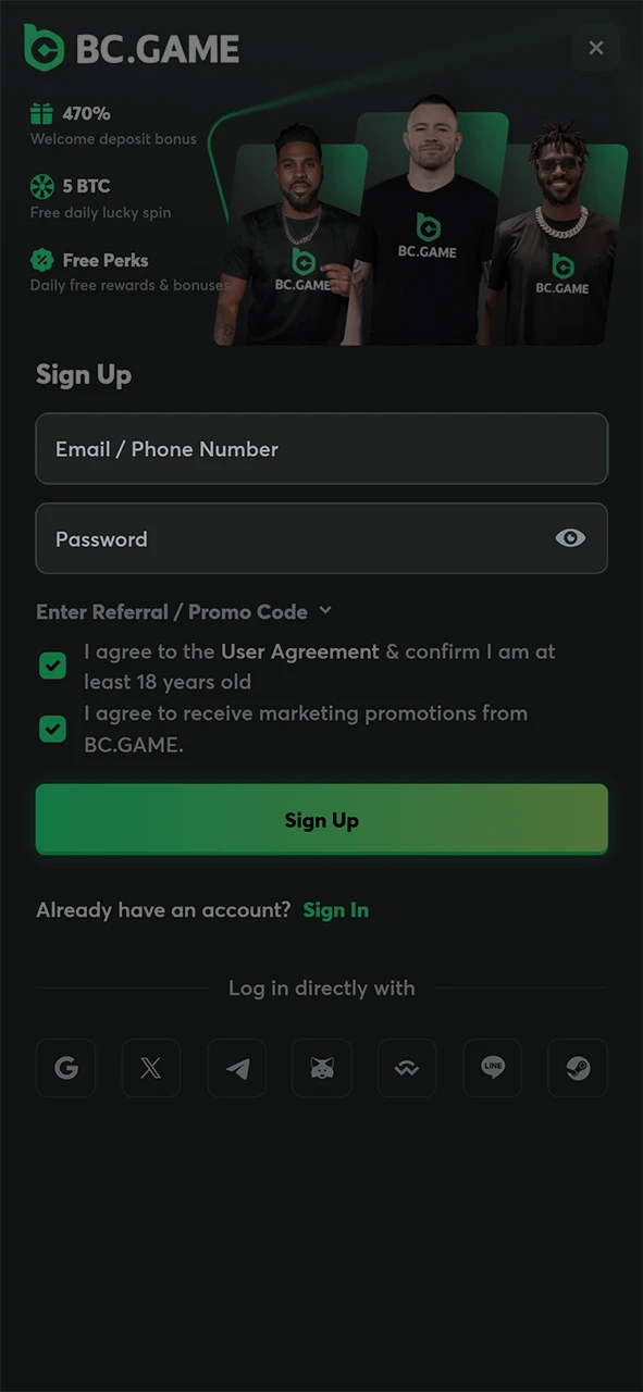 Fill in the necessary personal details required to create your BC Game account.