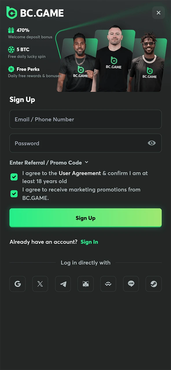 Head over to the official BC Game site and begin the account registration process.