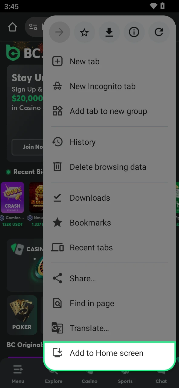 Click the 'install app' button to finish setting up the BC Game software on Android.