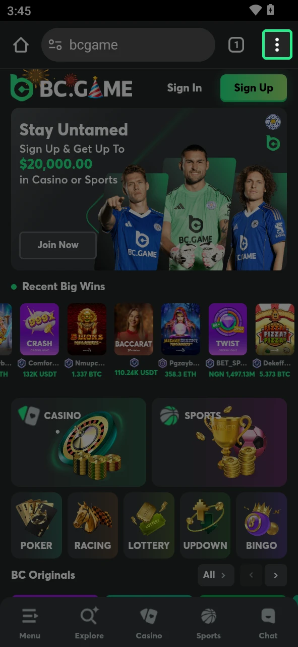 Open your browser's menu to proceed with the BC Game Android setup.