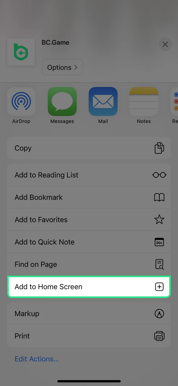Press the 'Add to Home Screen' button to finalize the iOS installation.