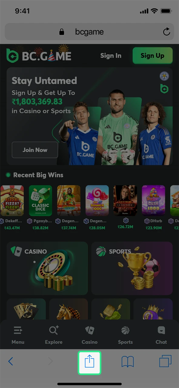 Use the Safari share menu to add the BC Game app to your iPhone.