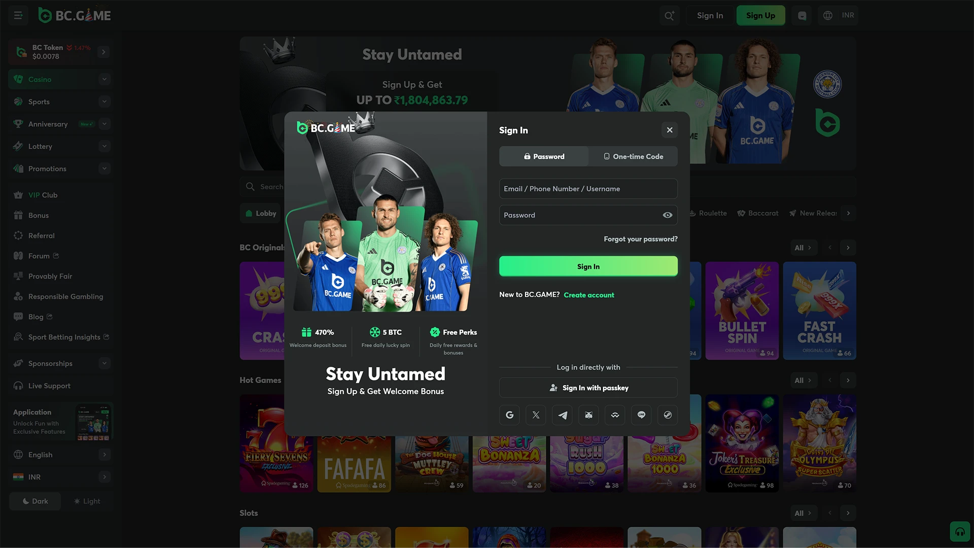 Sign in to the PC version of BC Game and start playing your favorite games.