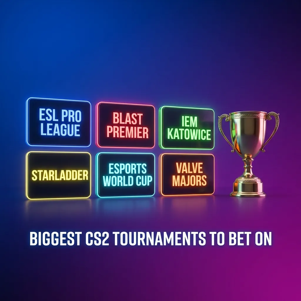 A wide shot of a professional CS2 arena, featuring championship trophies and team branding for a major competitive event