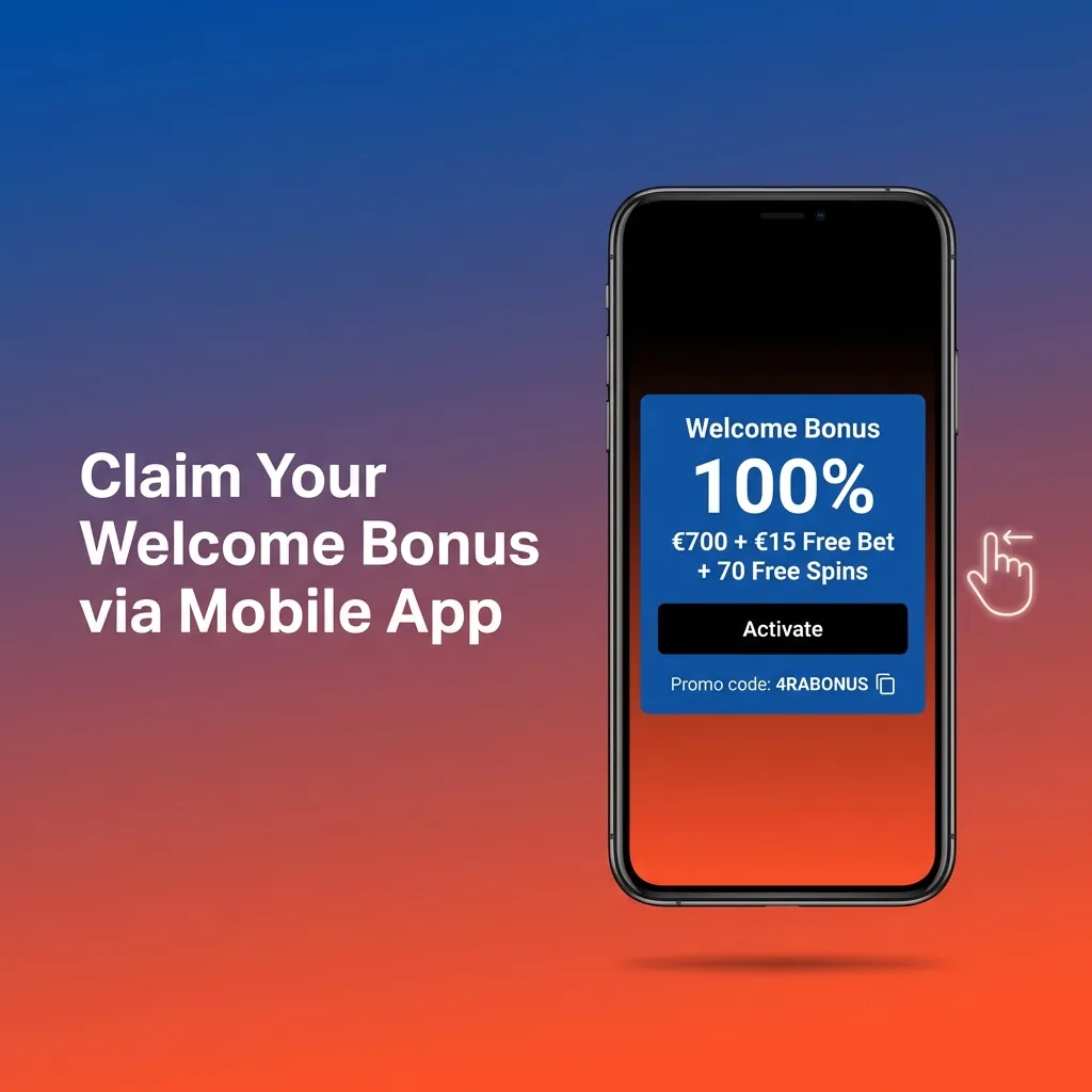 Mobile app screenshot demonstrating the sign-up, deposit, and bonus activation flow for Android and iOS users.