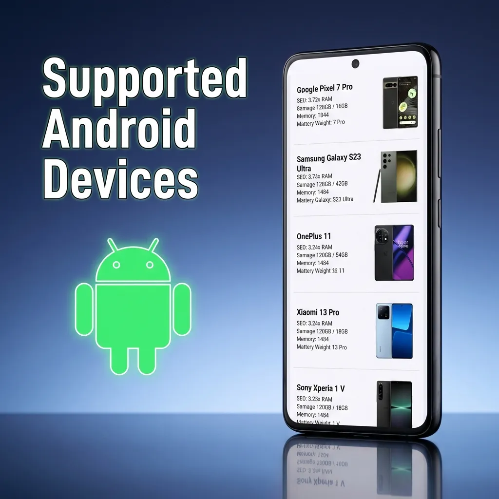 A comprehensive list of compatible Android brands, including Samsung, Xiaomi, Infinix, Tecno, Google Pixel, OnePlus, and others.