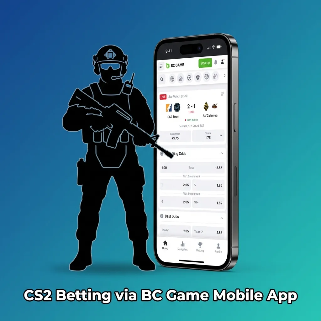 A smartphone screen displaying the BC Game mobile interface, highlighting CS2 esports betting options, match picks, and the active bet slip