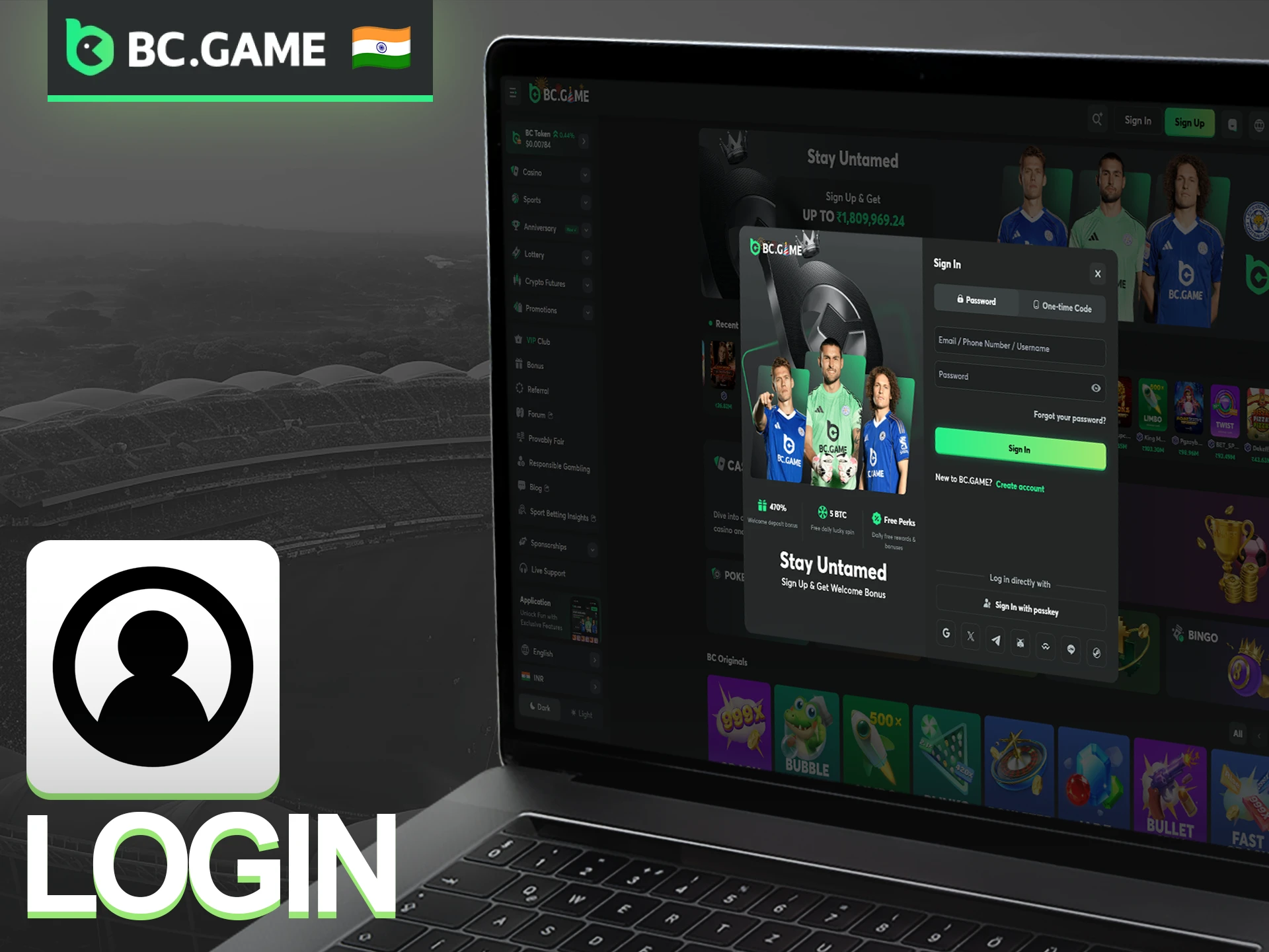 Log in securely to BC Game to manage your profile and gaming preferences.
