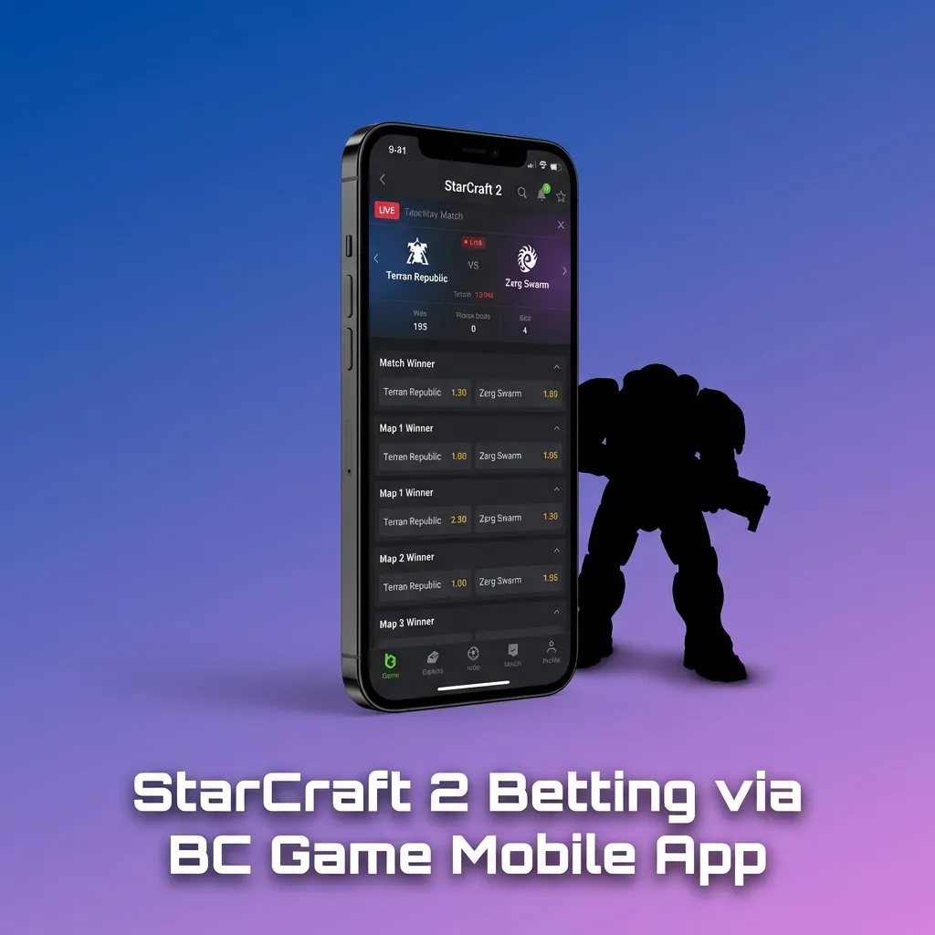 A smartphone screenshot of the BC Game app, showcasing the intuitive navigation and StarCraft II betting interface.